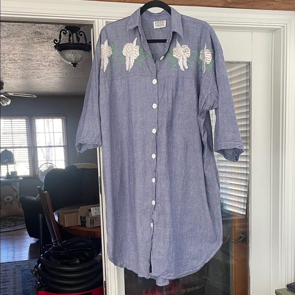 Raquel Unget Button-Up vintage house Dress with Floral Embroidery